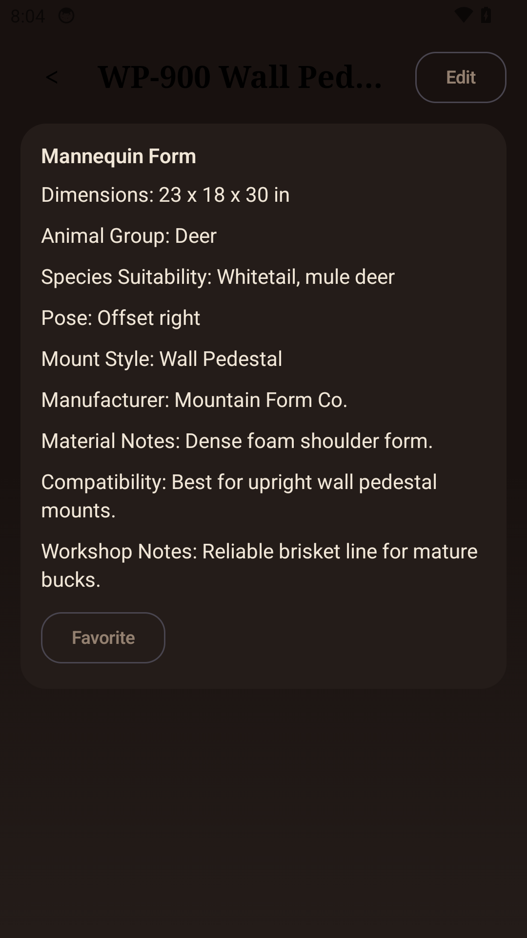 Taxidermy Studio mannequin form details screen